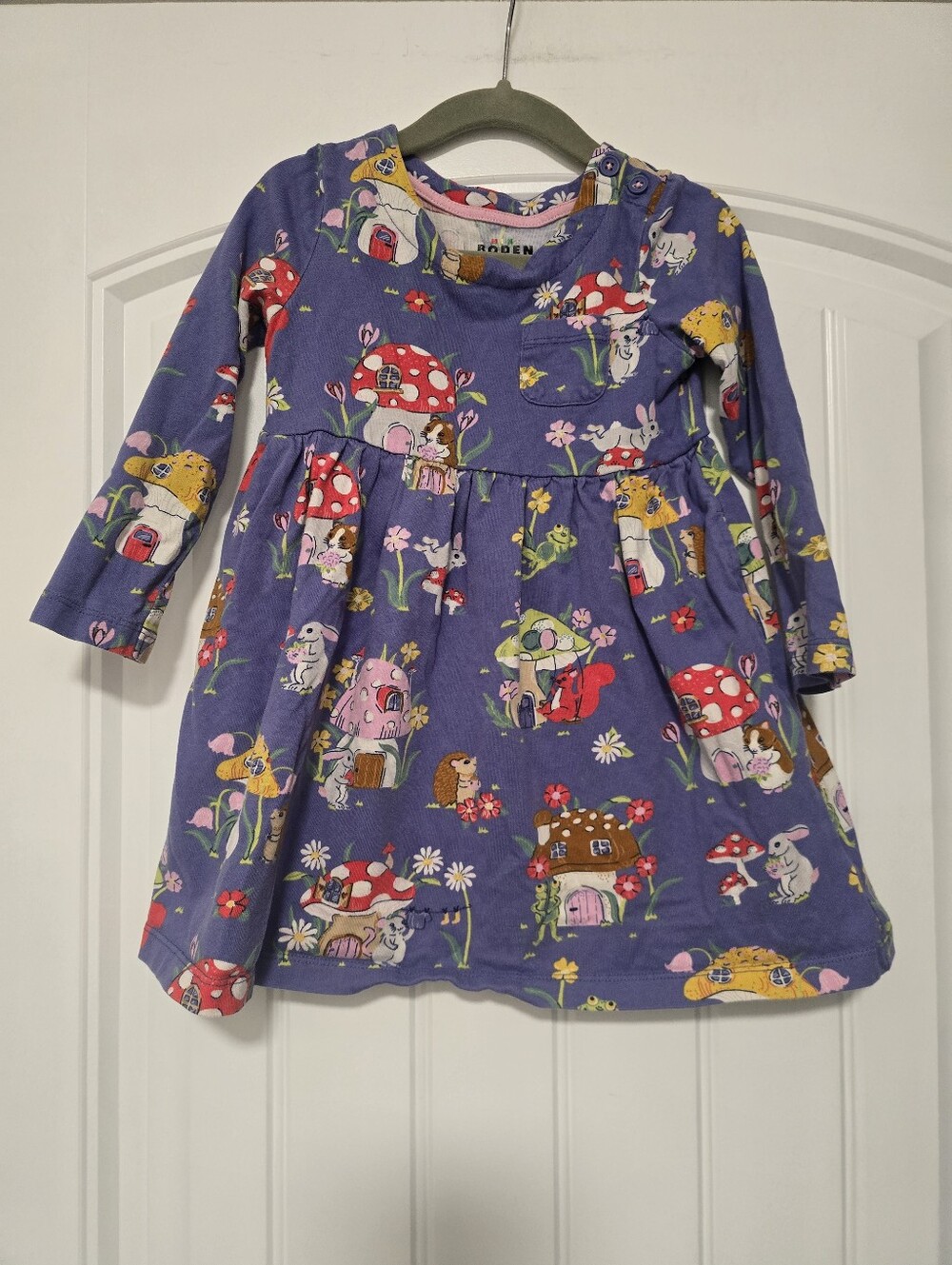 Mini Boden Long-Sleeved Fun Jersey Dress in Starboard Toadstool Village 2/3